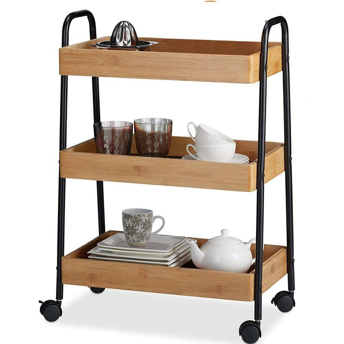 Carrello Trolley Cucina in Metallo 3 Ripiani in legno 4 Ruote Salvaspazio Nero