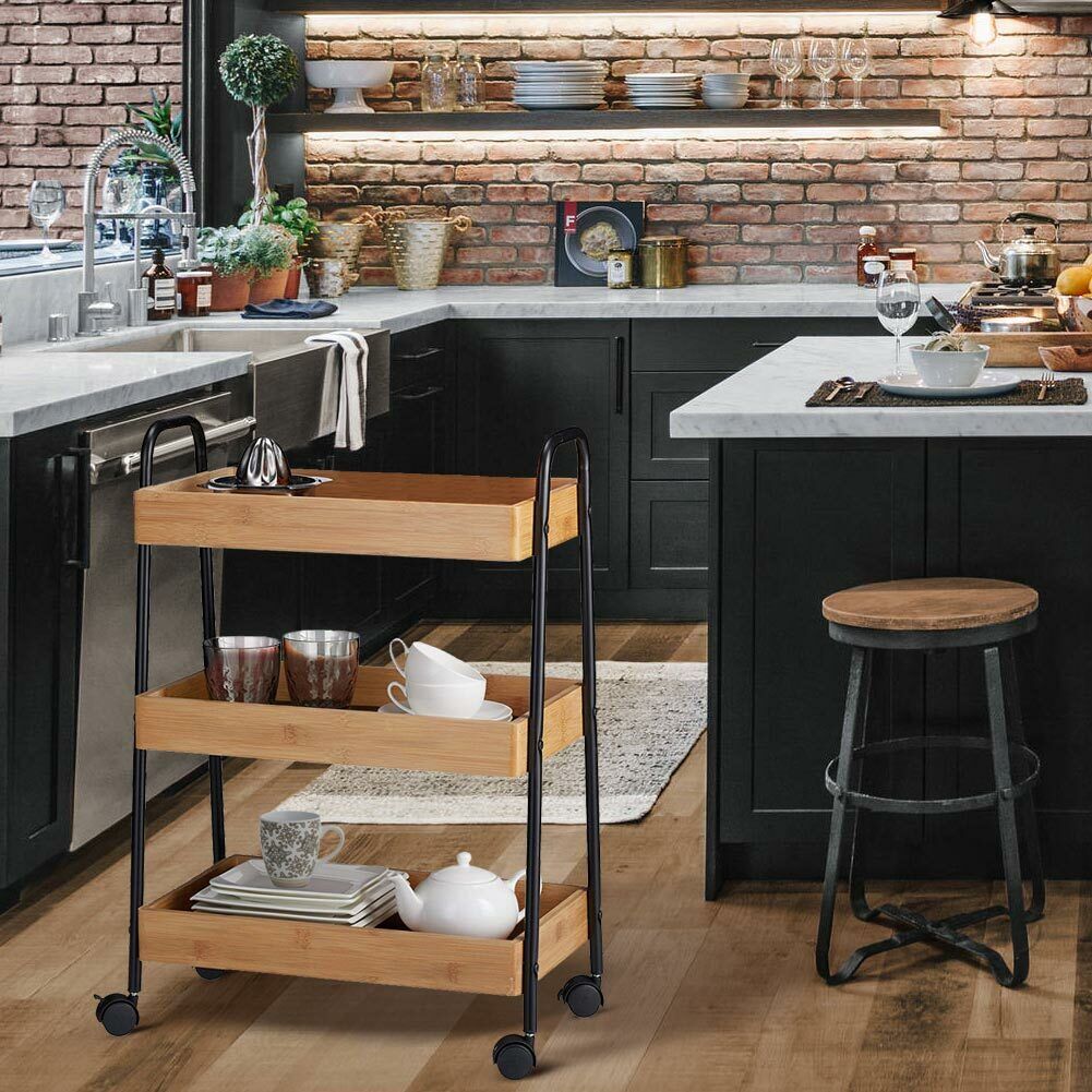 Carrello Trolley Cucina in Metallo 3 Ripiani in legno 4 Ruote Salvaspazio Nero