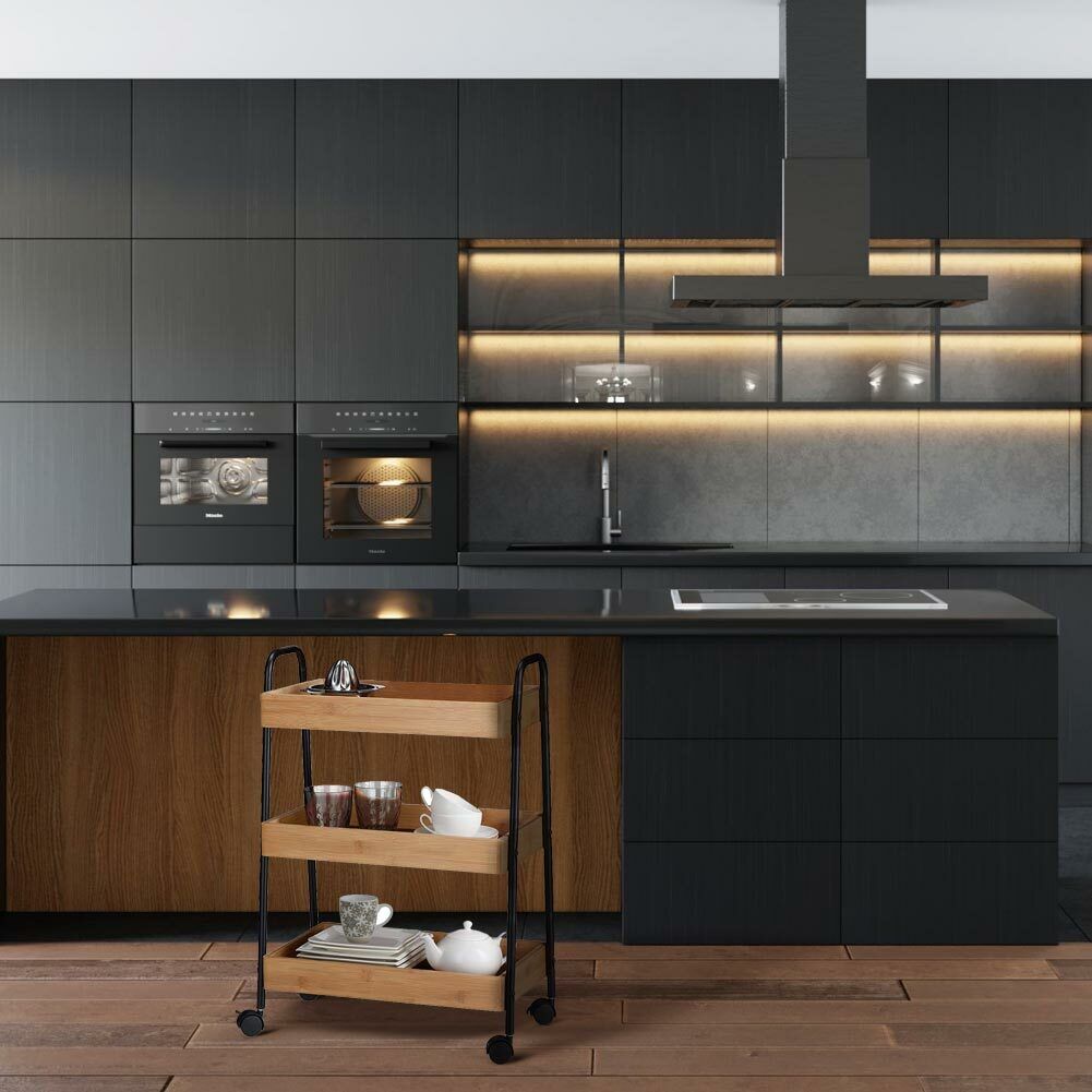 Carrello Trolley Cucina in Metallo 3 Ripiani in legno 4 Ruote Salvaspazio Nero
