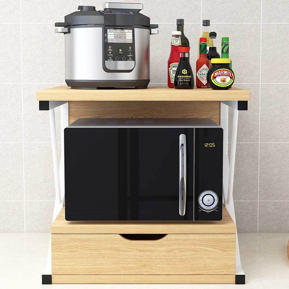 Scaffale Mensola Cucina Mobiletto Porta Microonde Cassetto Metallo Legno Beige