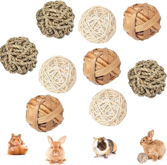 Set di 9 palline per piccoli animali - giocattolo per coniglio pallina di erba pallina di canna palline di rattan giocattolo per la cura dei denti giocattolo all'aperto