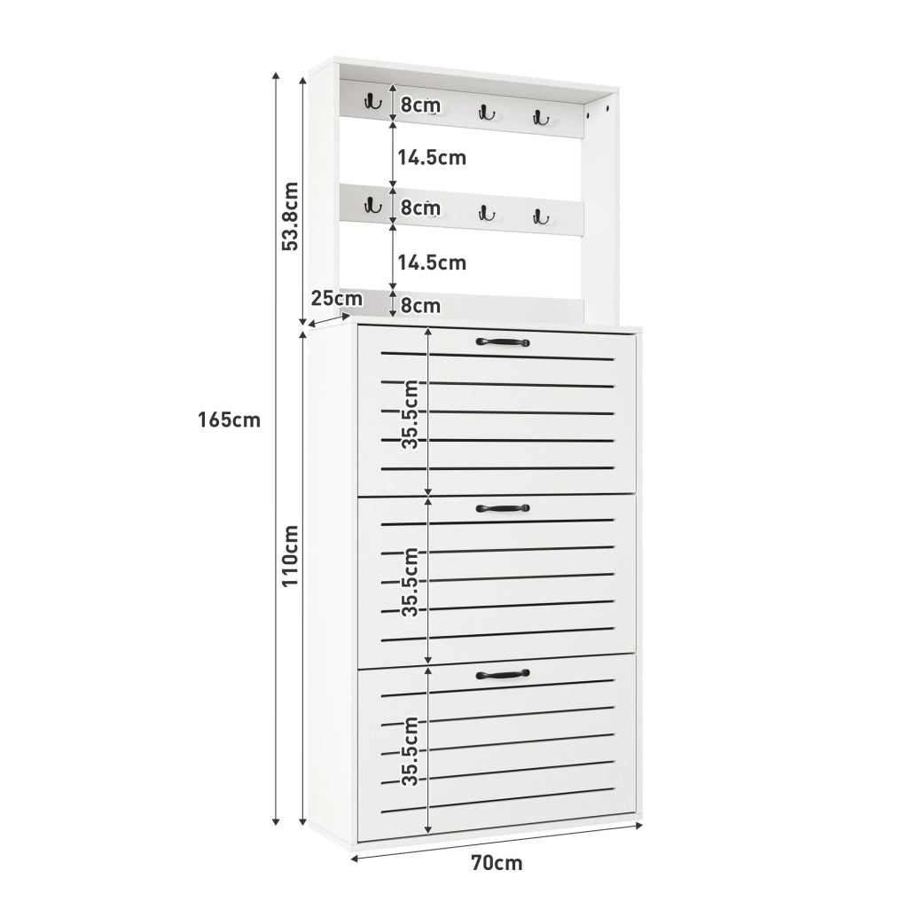 Appendiabiti con scarpiera a 3 ripiani; 8 ganci; 70x25x165 cm; in truciolare bianco
