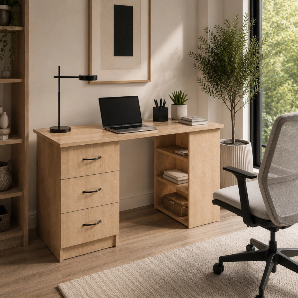 Scrivania Moderna Con 3 Cassetti E 3 Vani A Giorno Scrittoio Struttura In MDF Resistente Design Minimal Ideale Per Ufficio Studio Cameretta E Smart Working 120 x 49 x 72 Cm Rovere