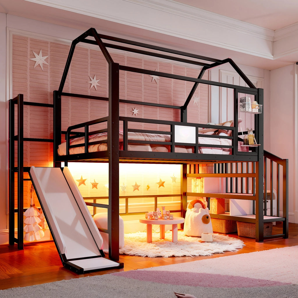 Letto a soppalco per bambini con scivolo; LED Bluetooth e scala; 140 x 200 cm; nero
