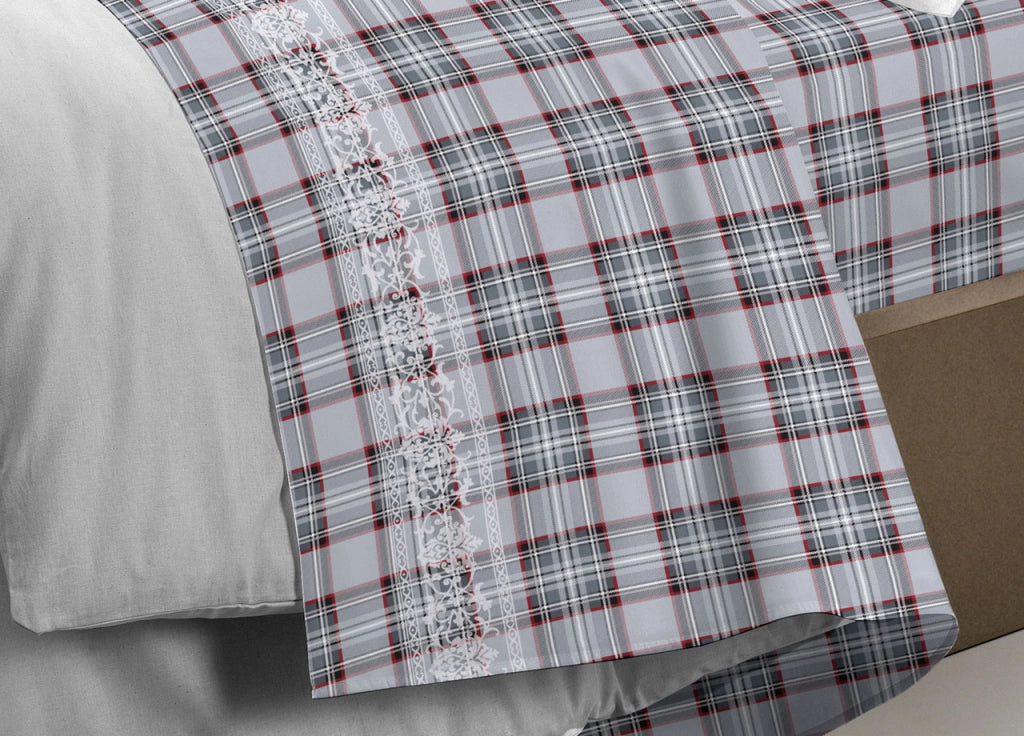 Completo Lenzuola Linea Pensieri Delicati 100% Cotone Disegno Cervo Tartan - Matrimoniale - Grigio