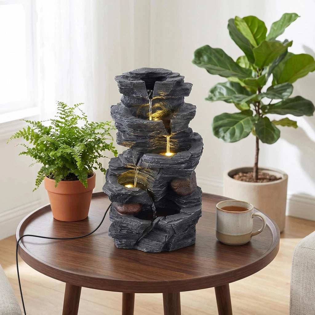 Fontana da Giardino, Fontanella Elettrica da Tavolo con Luci LED | Fontana Cascata in Resina a 5 Livelli con Flusso d'Acqua Regolabile e Pompa, da Interno ed Esterno per Terrazzo e Cortile