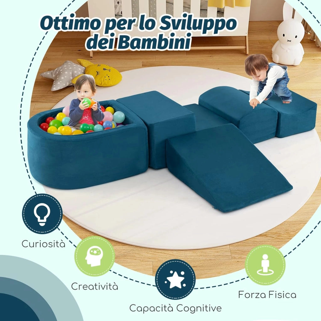 Set di 5 Pezzi Gioco in Schiuma, Blocchi con Piscina di Palline per Bambini, Coperture Lavabili con Cerniere, Blocchi Creativi per Stanza di Giocattoli, Camera da Letto (Blu)