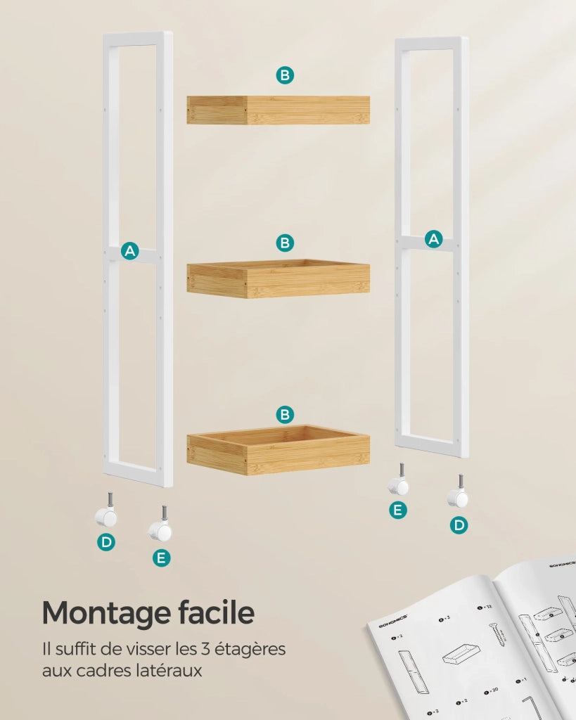 Carrello da bagno scaffale sottile da bagno carrello portaoggetti a 3 ripiani su ruote bambù salvaspazio 20 x 30 x 80 cm bianco 12_0005028