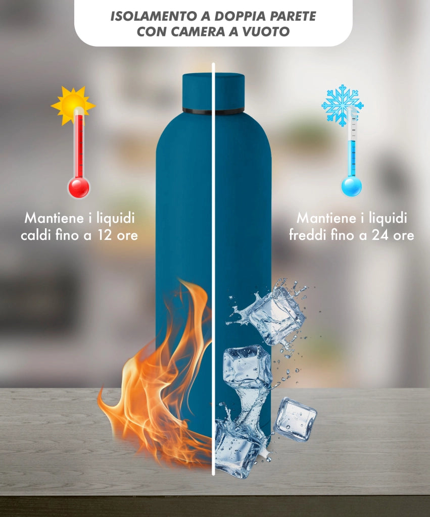 Borraccia Termica 1 Litro Bottiglia Acciaio Inox Inossidabile Doppio Strato 1000 Ml Tappo Antigoccia Doppia Camera Bevande Calde Fredde Termos Sistema Sottovuoto Rivestimento Soft Touch  - Blu