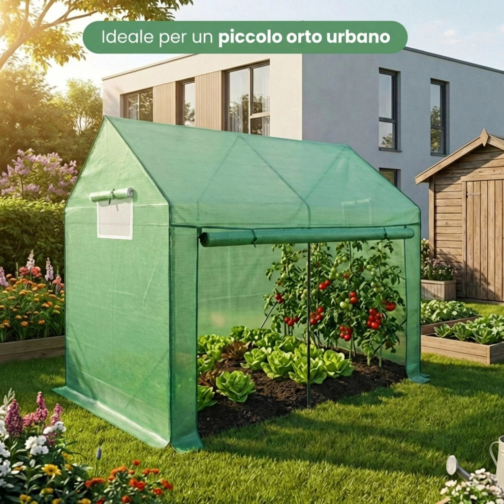 Serra da giardino a casetta con struttura in metallo e telo in PE 1 porta 2 finestre Verde 200x140x200 cm