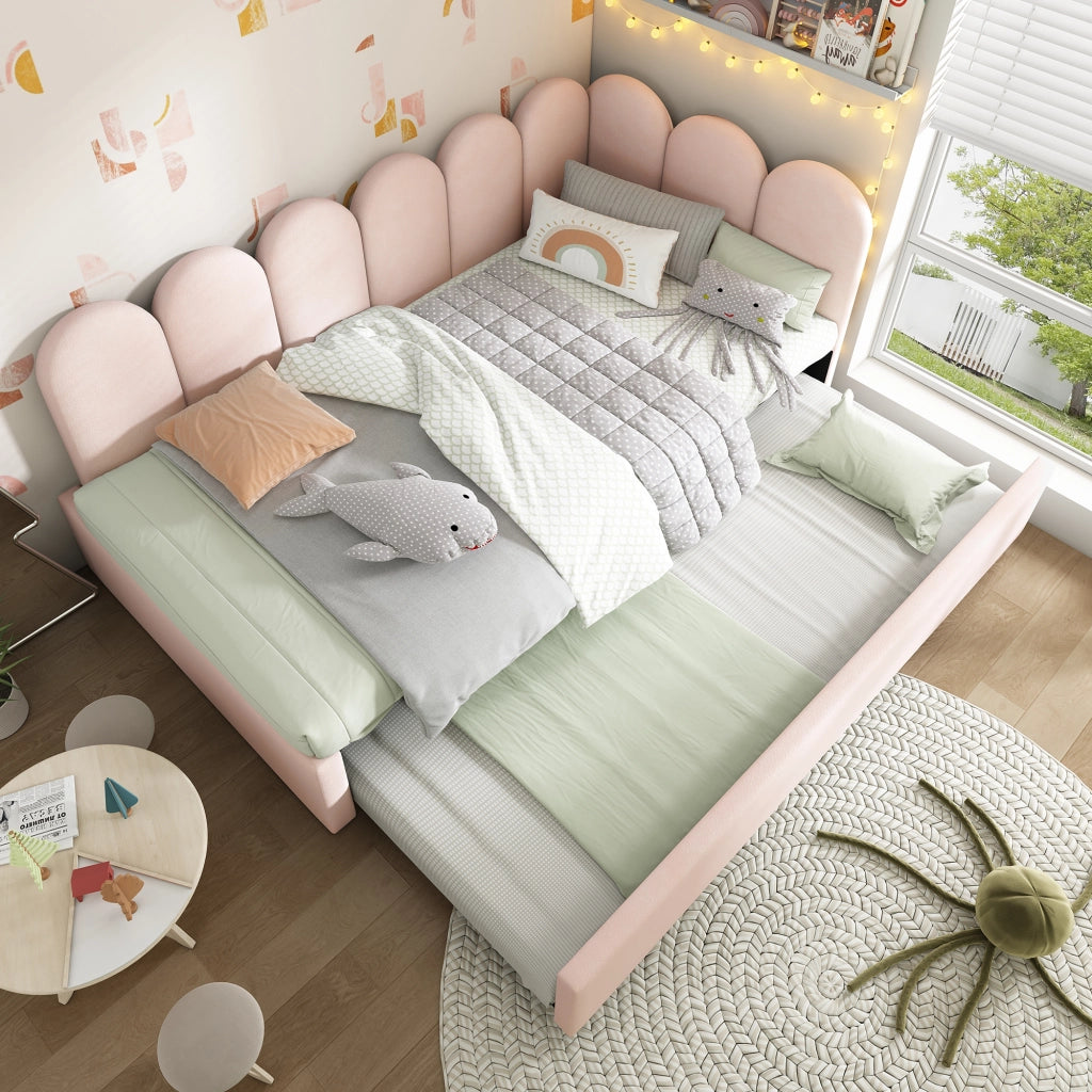 OKWISH Letto Estraibile 90×200 cm, Letto Singolo con Secondo Letto 90×190 cm, Sponde e Schienale Imbottito, senza Materasso, Velluto, Rosa