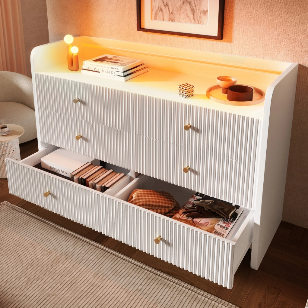 Credenza con LED; 6 cassetti e 1 vano aperto; 120x40x75 cm; bianco