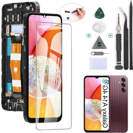 Schermo LCD touchscreen montato per Samsung Galaxy A14 4G SM-A145P/A145R 2023 - Kit di sostituzione con strumenti e cornice nera.