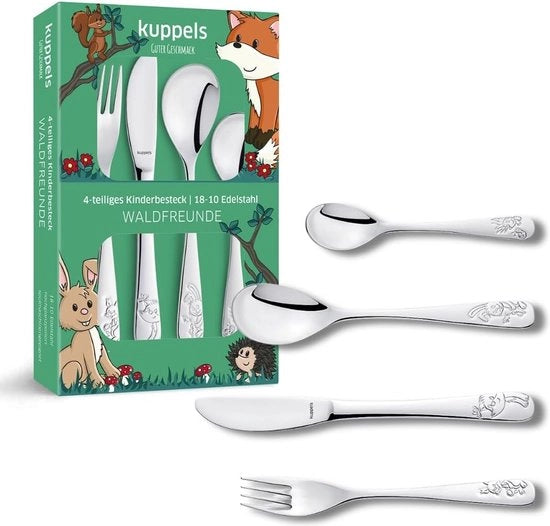 Set di cucito per bambini bosvrienden | 4 pezzi | acciaio inossidabile | cucito per bambini a rilievo da 3 anni in avanti per bambini e bambine | coltello per bambini, forchetta per bambini, cucchiaio per bambini e cucchiaio per bambini