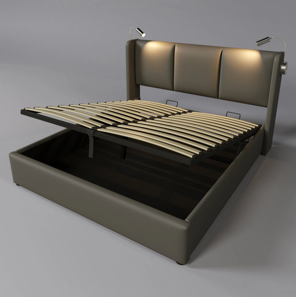 Letto matrimoniale imbottito 140x200 cm in PU grigio con testiera; luce da lettura; USB e contenitore