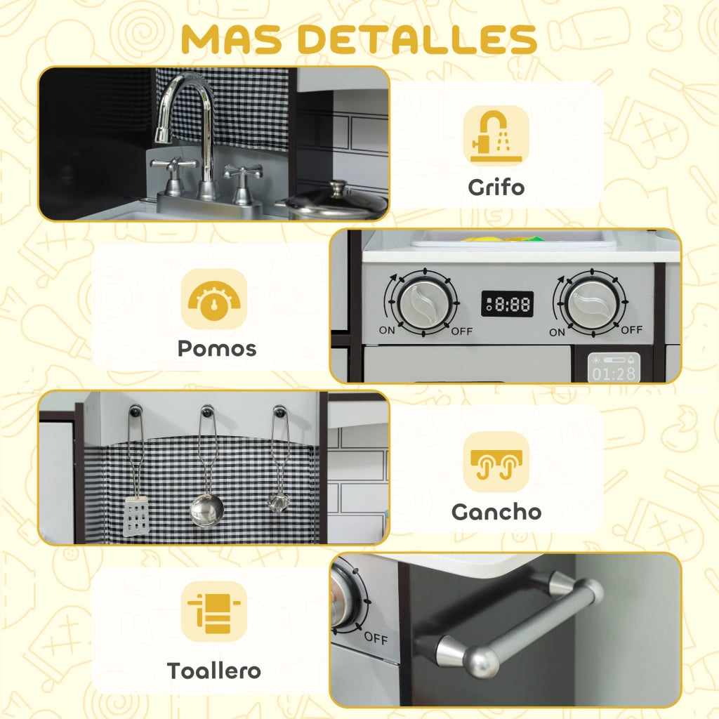 Cucina Giocattolo in Legno con Suono e Accessori Acciaio Inox per Bambini 3+ ¨C Minimal ¨C Marrone Scuro