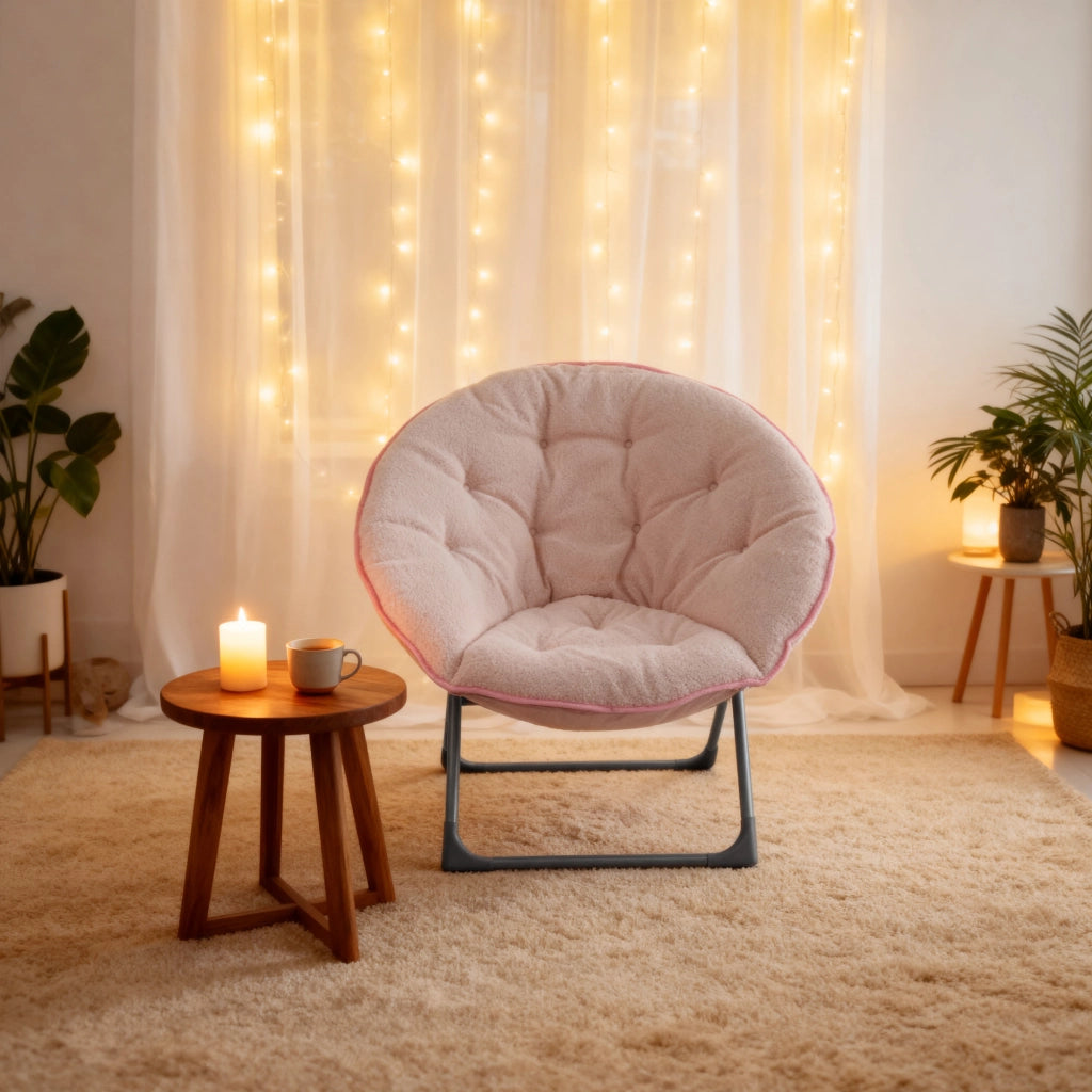 Fauteuil pieghevole a luna con schienale rotondo e imbottitura morbida in tessuto e metallo rosa per relax