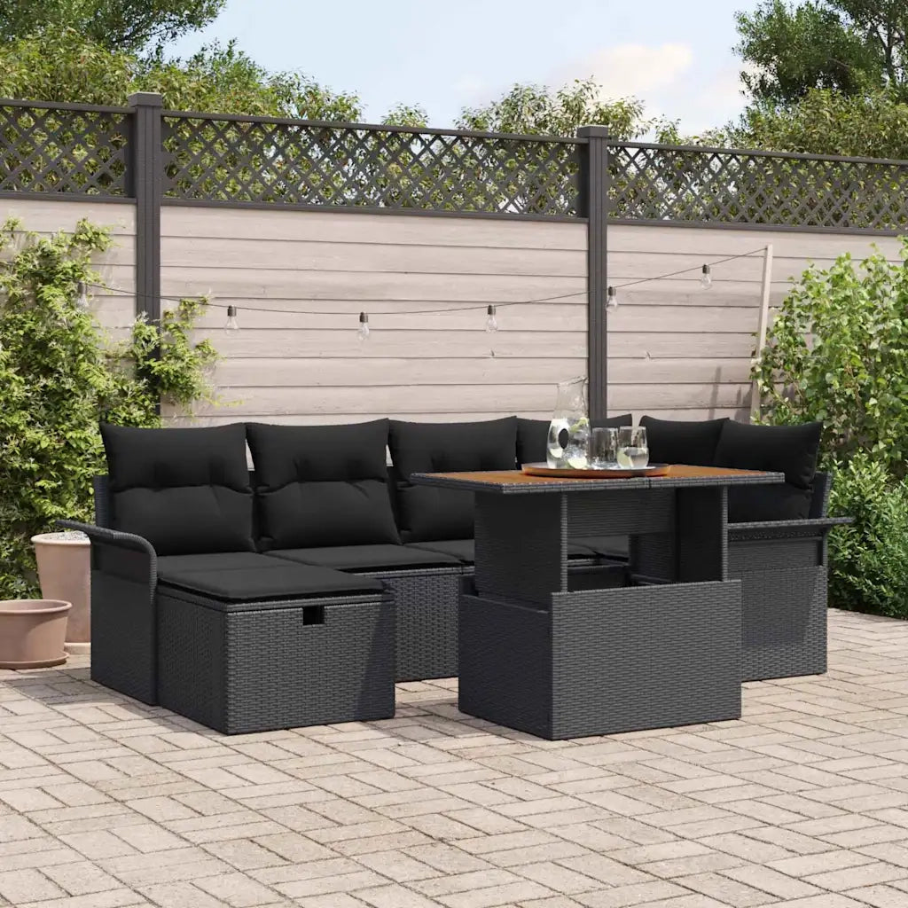 Set Divano da Giardino con cuscino 7 pcs Nero polyrattan