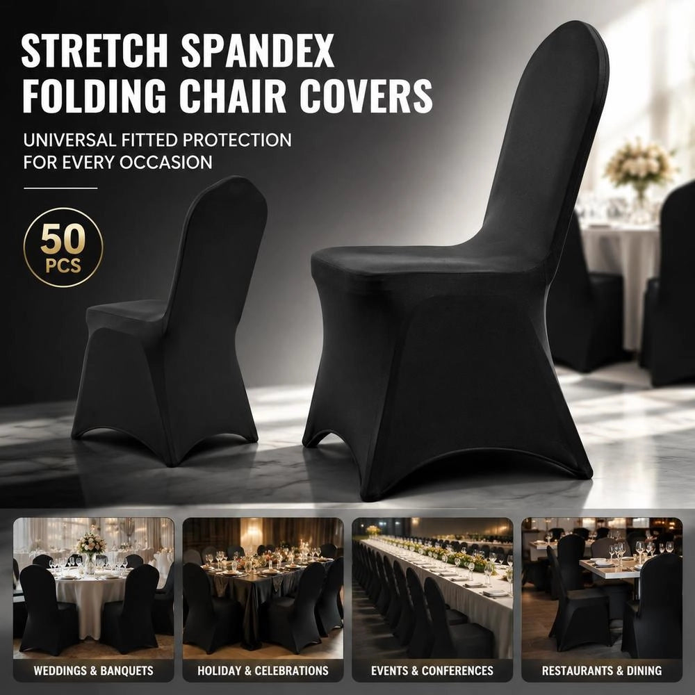 50x Black Stretch Chair Covers, Formal Folding Chair Covers, 50pcs