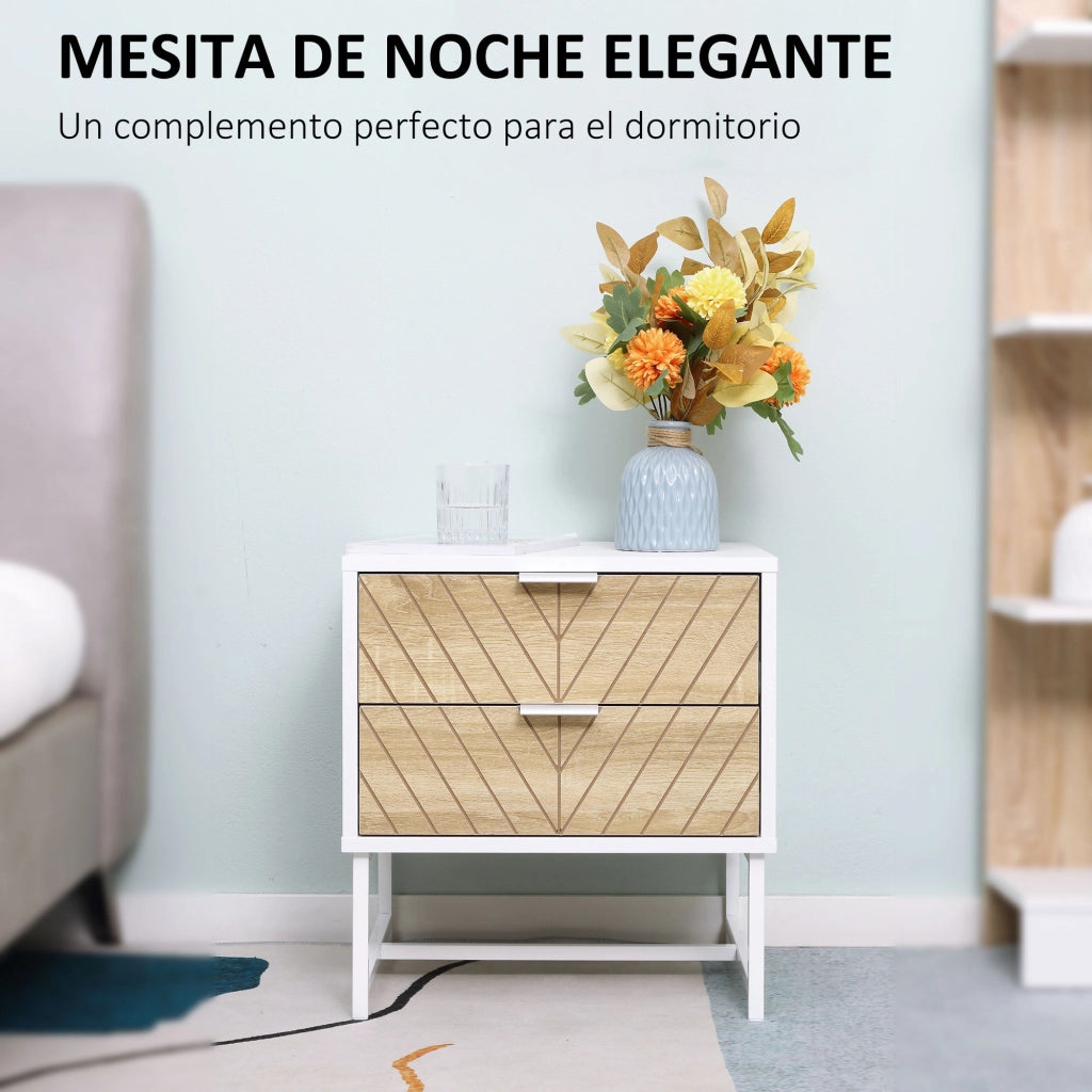 Comodino con 2 cassetti ¨C Minimal ¨C 45x39x48 cm bianco e rovere