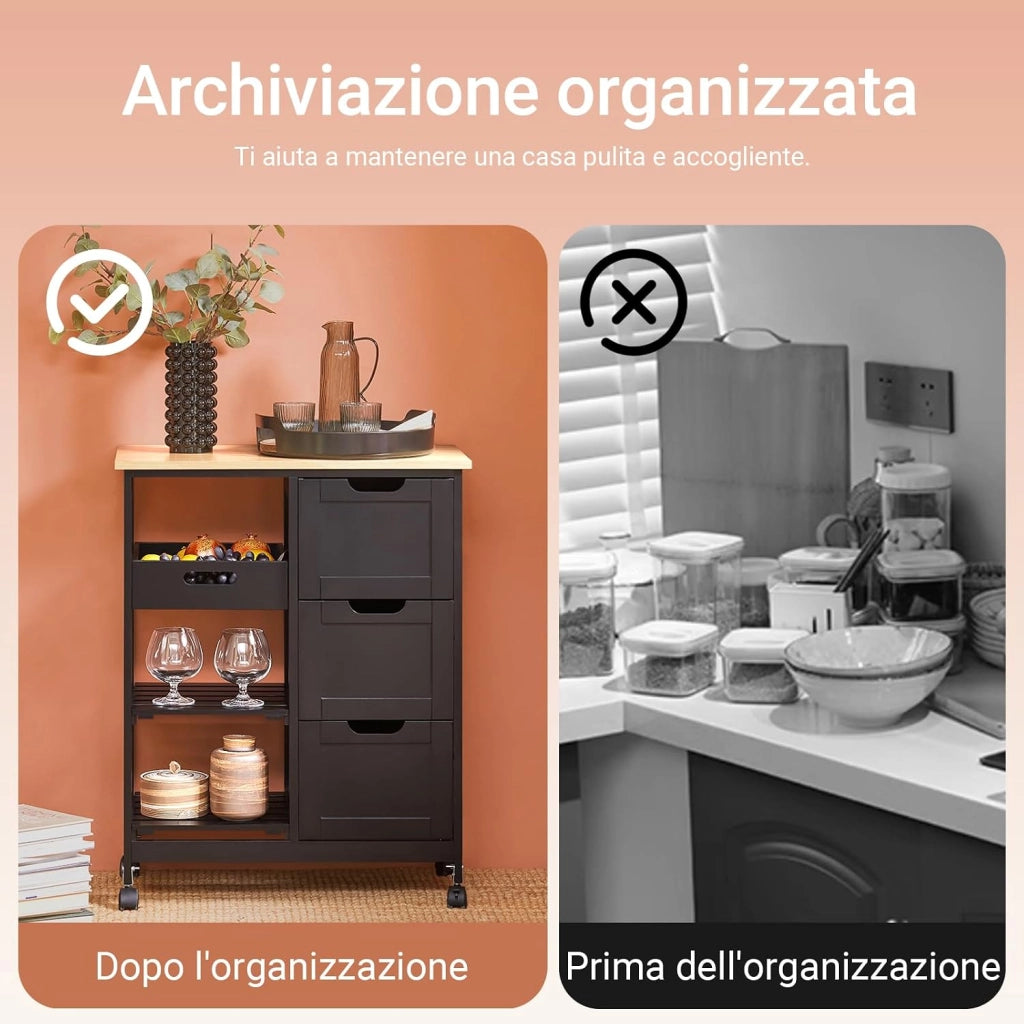 Carrello Cucina con 3 Cassetti e 1 Cestino, Mobiletto Cucina Salvaspazio con 4 Ruote Girevoli, Credenza Cucina o Bagno, Mobiletto Cucina Dispensa, L68 x P38 x A85 cm, nero,FKW79-SCH