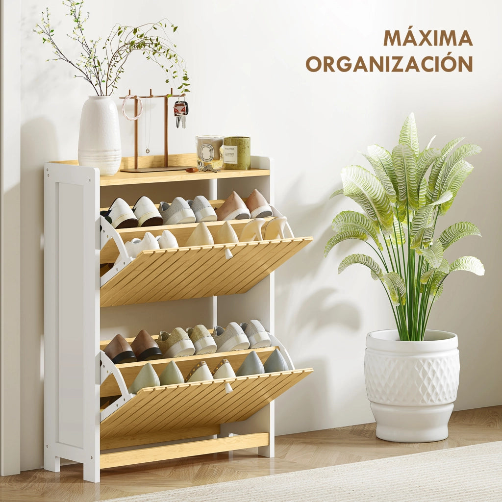 Mobiletto Portascarpe con 2 Ante in Bamb¨´ e Ripiani Regolabili ¨C Zephmum ¨C Bianco e Naturale 60x40x138 cm