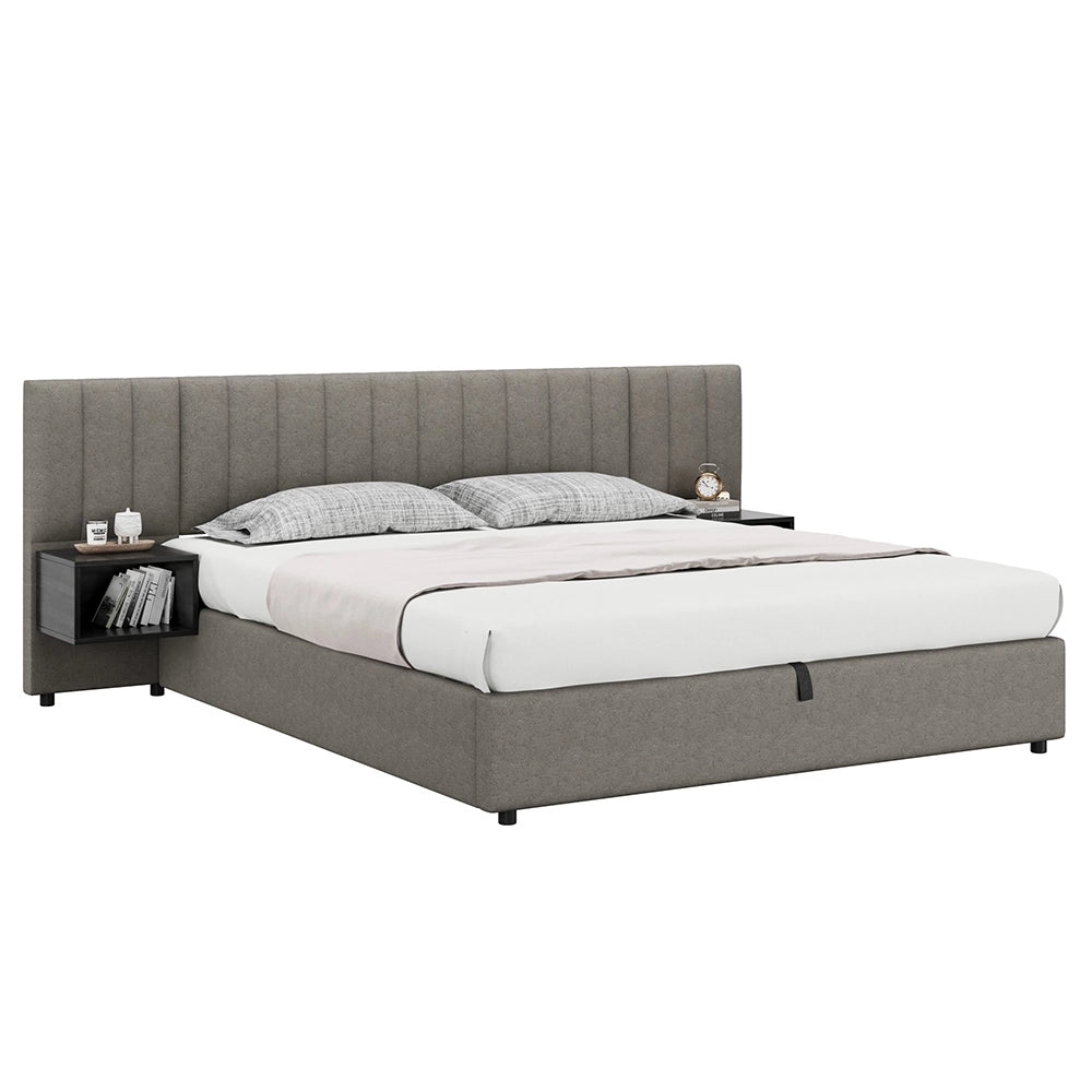 Letto imbottito 180x200 cm - Xylo - Con 2 comodini idraulico spazio di archiviazione Grigio + Nero