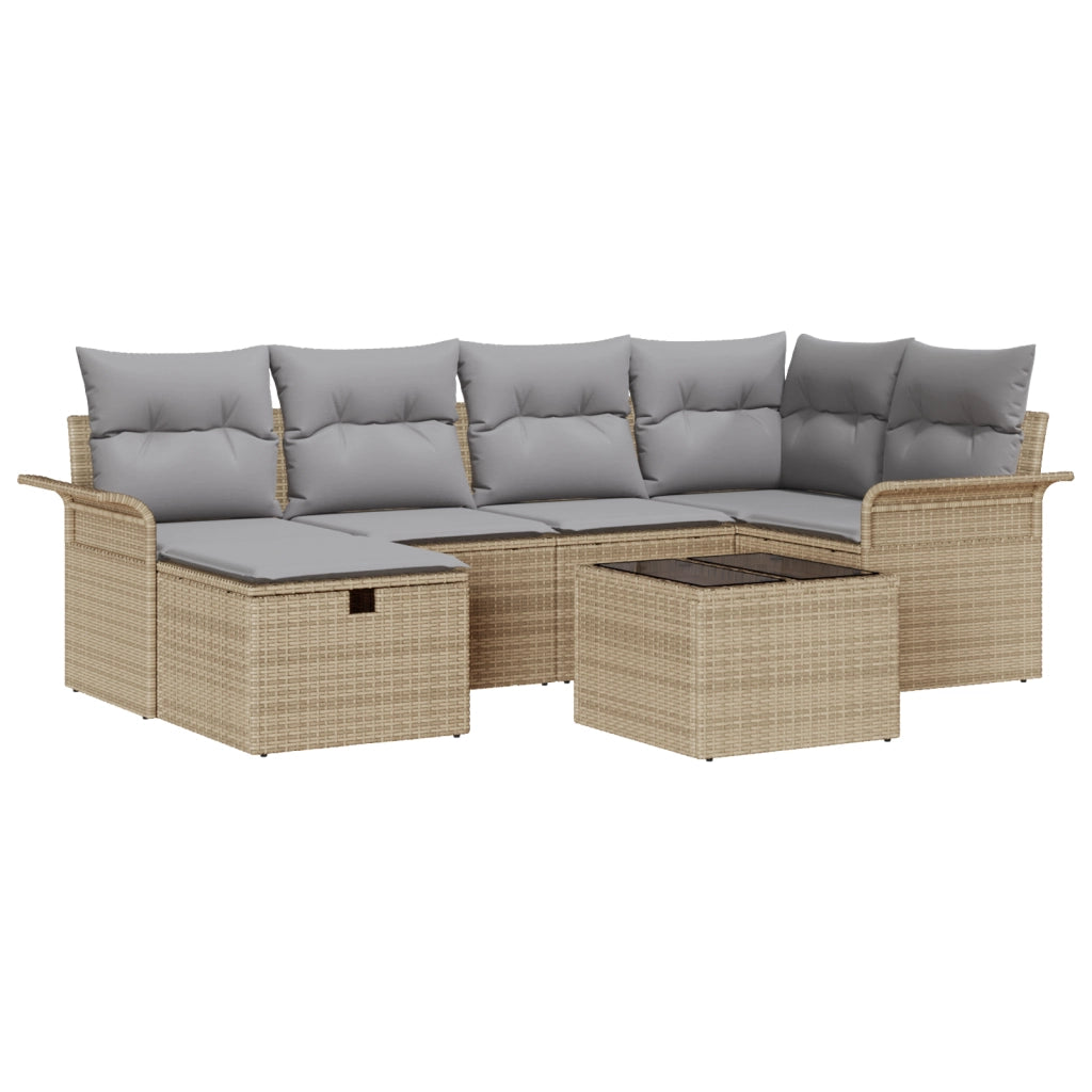Set Divano da Giardino 7 Pezzi con Cuscini Beige in Rattan Sintetico