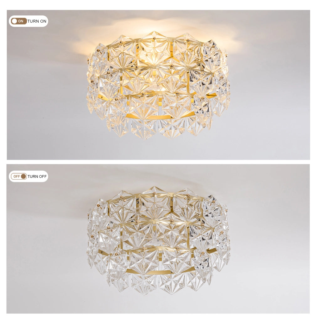 Ventilatore da soffitto 19 pollici con lampadario cristallo, stile lusso oro, motivo rombi, pale ABS, compatibile app, 6 velocit¨¤ reversibili