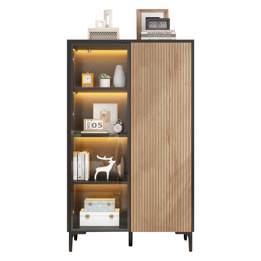 Credenza alta con 2 ante, vetro temperato, MDF, 90×40×135 cm, nero e effetto legno, con LED RGB controllati da app, 8 vani e 2 colli