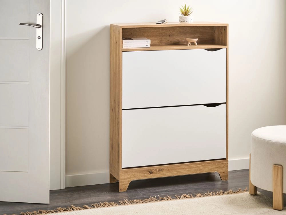Armadio porta scarpe a 2 scomparti in legno MDF con finitura melaminica design moderno bianco e marrone chiaro