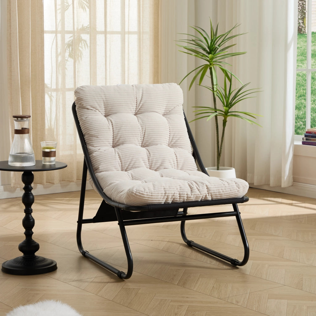 Poltrona da Esterno con Poggiapiedi Reclinabile; Design Curvo; Seduta Traspirante con Cuscino; Acciaio Nero e Bianco
