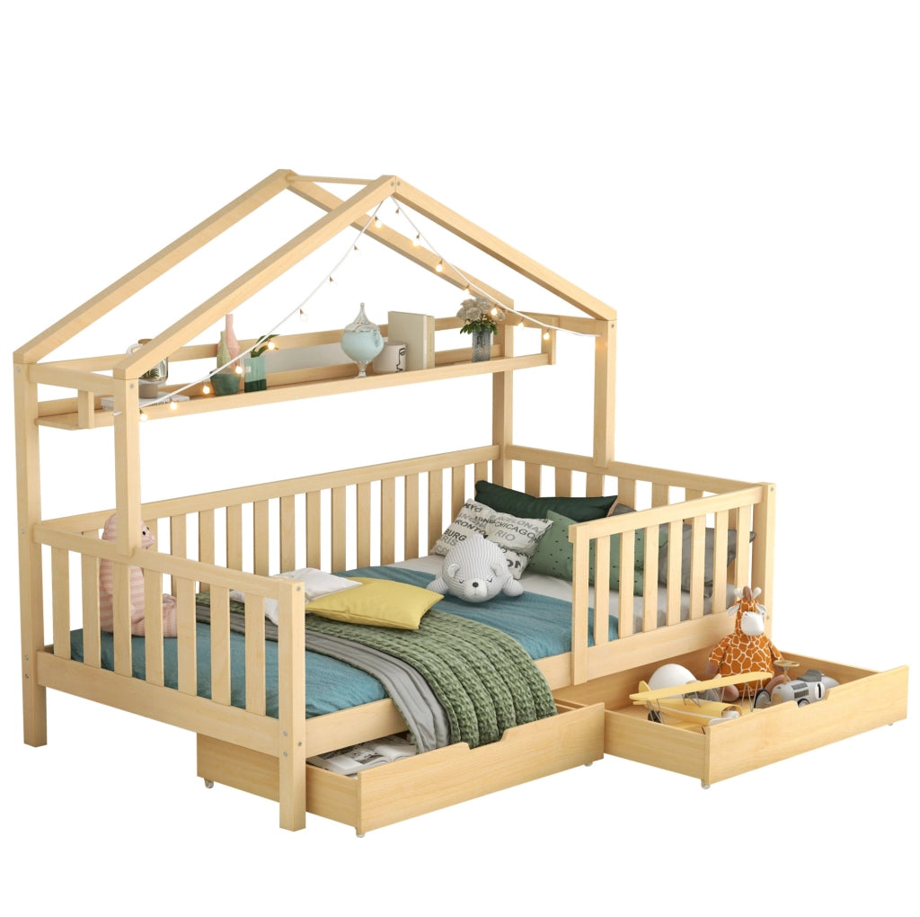 Letto a casetta per bambini 90x200 cm con cassetti; legno; colore naturale (Senza materasso)