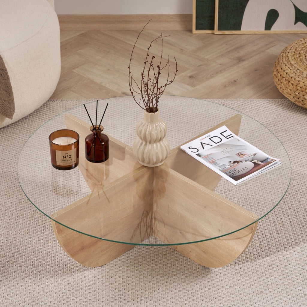 Tavolino in vetro "Liya" 90 x 90 x 30 cm - Rovere zaffiro