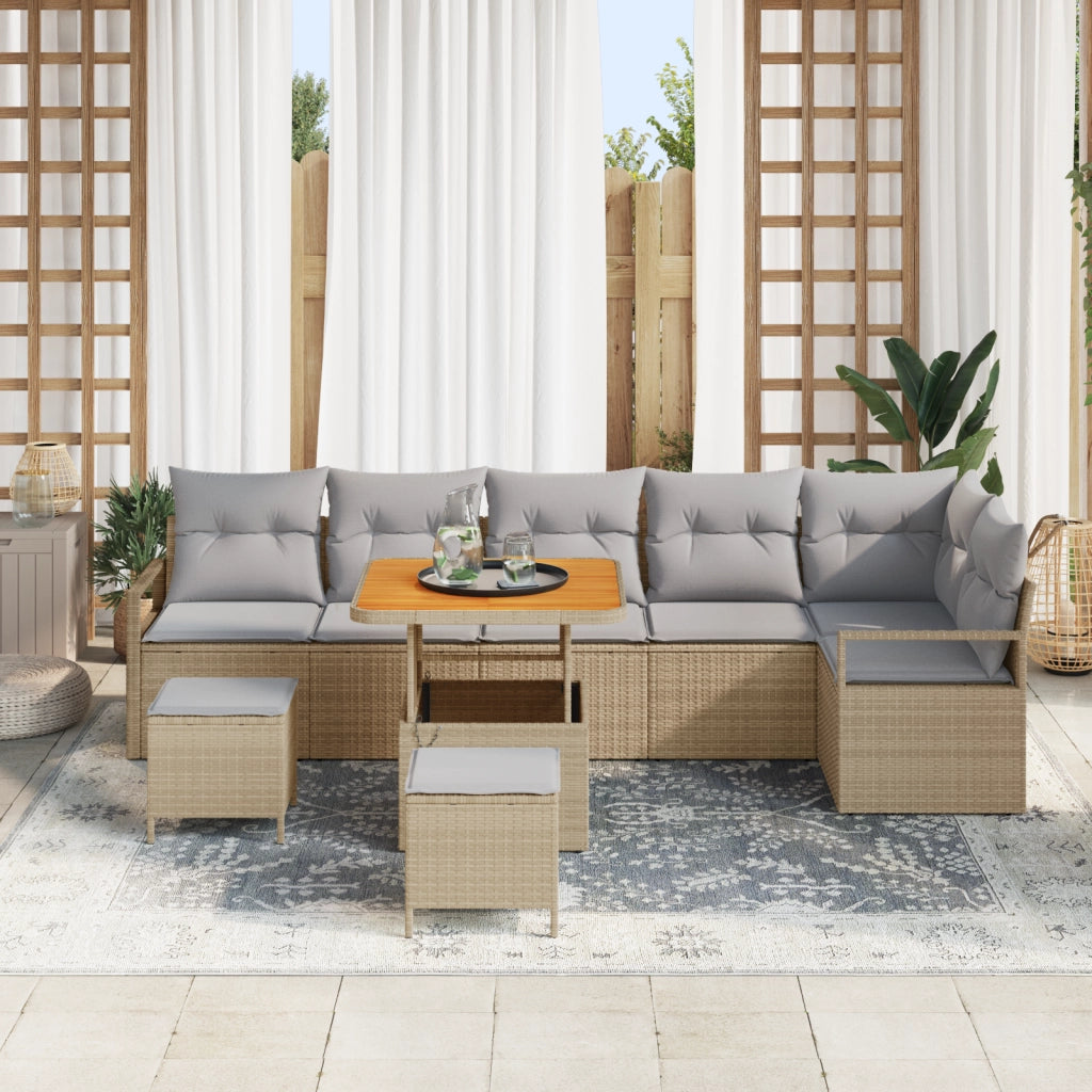Set di Divani da Giardino 9 Pezzi con Cuscini Beige Polirattan Acacia