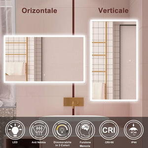 AICA Specchio da bagno  100 x 60 cm, dimmerabile, Funzione Memoria, antiappannamento, 3 colori
