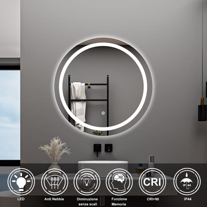 AICA Specchio da bagno 60 x 60 cm, antiappannamento, dimmerabile, interruttore touch, Funzione Memoria