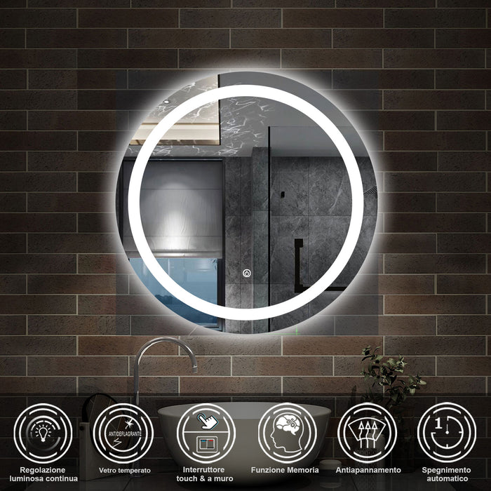60 x 60 cm,AICA Specchio da Bagno LED con Luce, memoria, antiappannamento,CRI>90,autospegnimento,interruttore touch