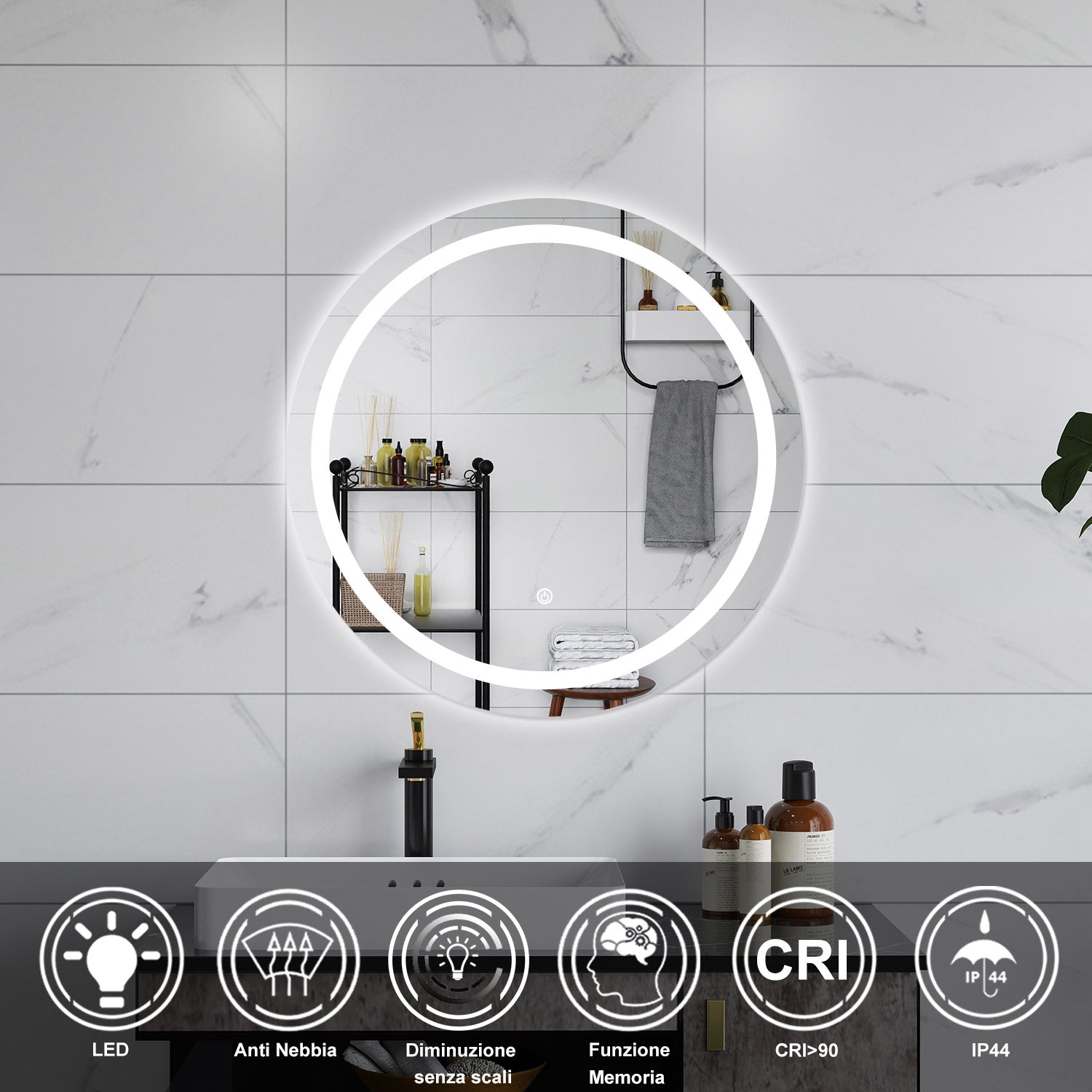 AICA Specchio da bagno 60 x 60 cm, antiappannamento, dimmerabile, interruttore touch, Funzione Memoria