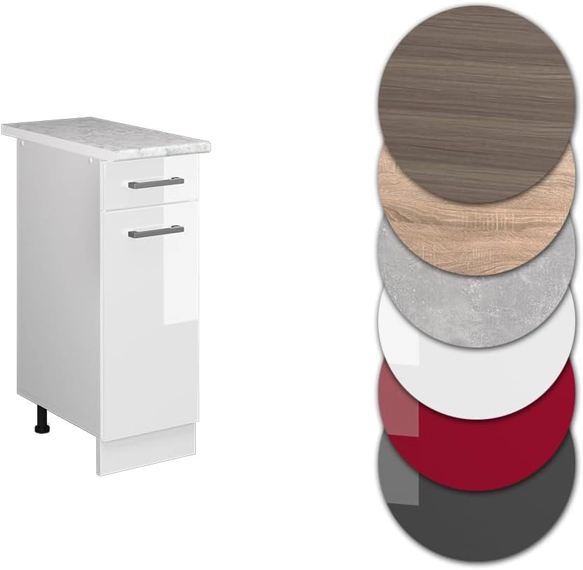 Mobiletto base per cucina R-Line, Bianco lucido, 30 cm, PL Marmo, per la libera combinazione all'interno di sistemi cucina modulari