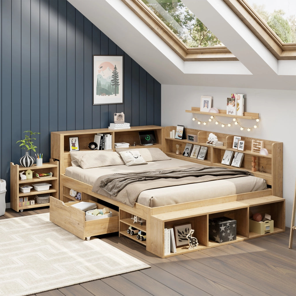 Letto singolo 140x200 cm con contenitore, cassetti e scaffali, colore naturale