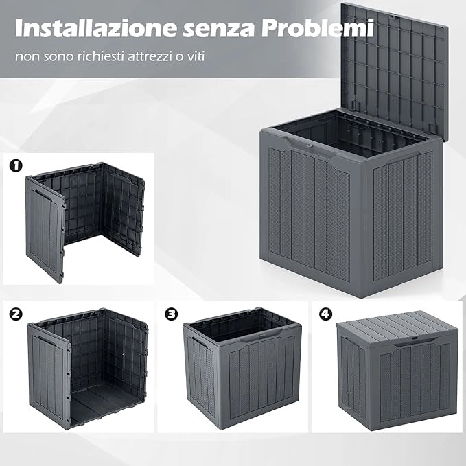 Baule da Esterno 96 L, Cassapanca Contenitore con Coperchio Bloccabile e Tessitura in Vimini, per Giardino e Cortile, 56 x 41 x 50,5 cm (Grigio)