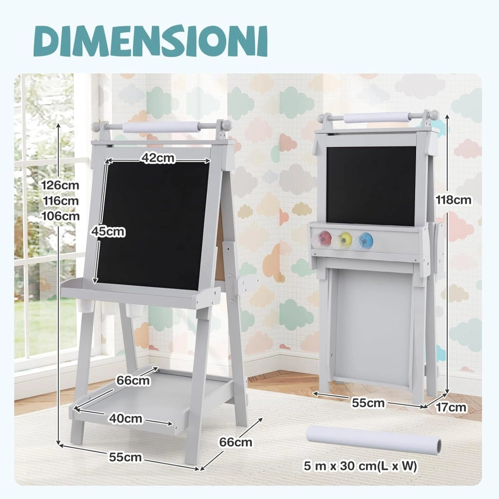 Lavagna per Bambini 3 in 1, Lavagna Magnetica con Lavagna Bifacciale, Rotolo di Carta, Vassoi Portaoggetti e 3 Bicchieri per Pittura, Cavalletto in Legno per Bambini 3+ Anni (Grigio)