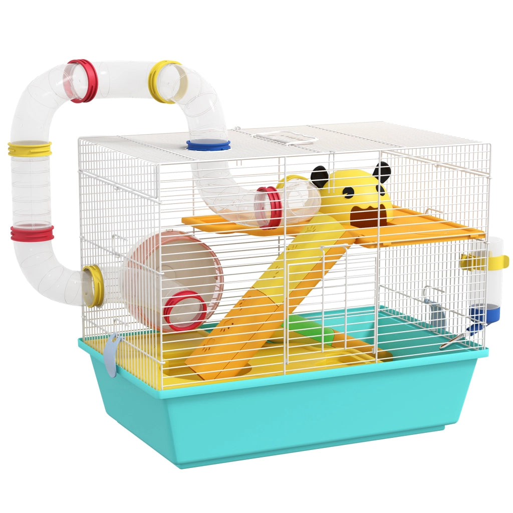 Gabbia per Criceti 45x28x37 cm con Ruota Casetta Ciotola Rampe e Serbatoio in Acciaio PS e PP Bianco e Azzurro