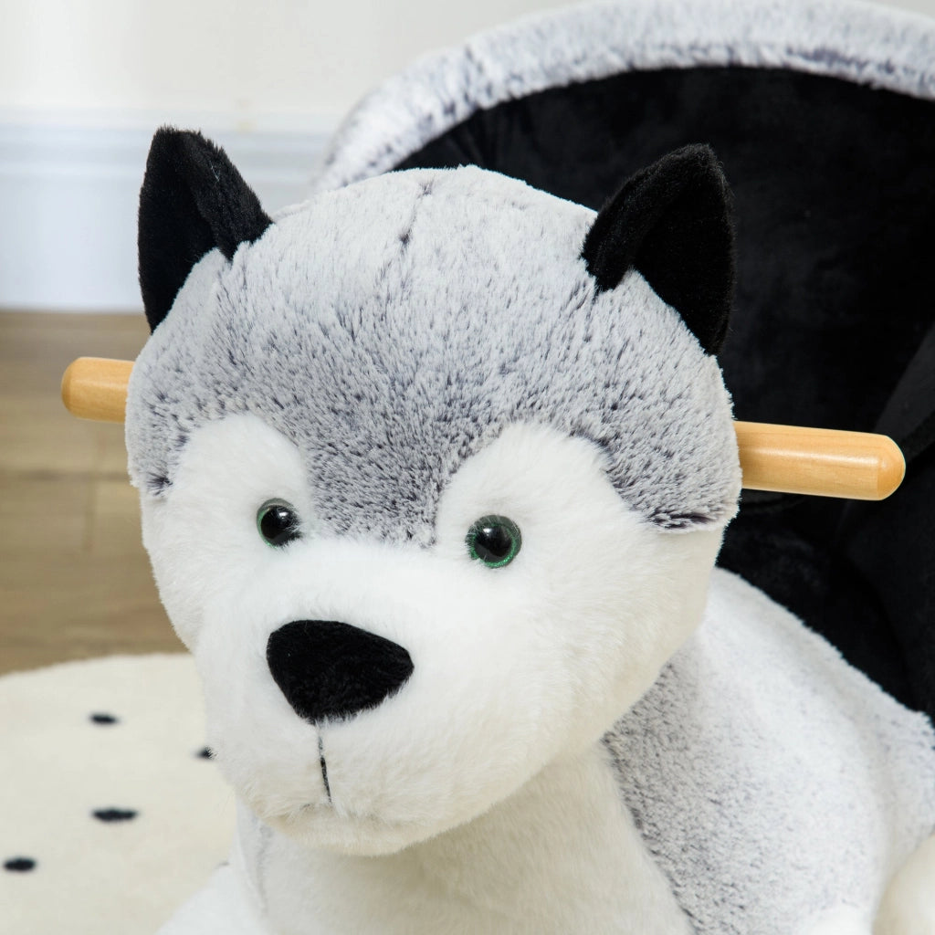 Cavallo a Dondolo per Bambini in Legno e Peluche Cane Husky Grigio