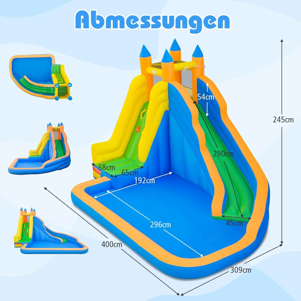 Castello Gonfiabile per Bambini, 3 in 1 Giochi Gonfiabili con Scivolo, Piscina e Parete di Arrampicata, Parco Acquatico da Esterno per Giardino e Prato, per Bmbini 3-12 Anni