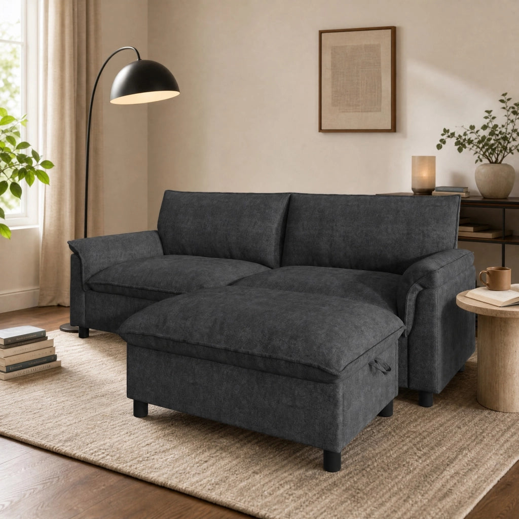 Divano modulare Cloud in chenille nero con pouf contenitore e funzione letto temporaneo