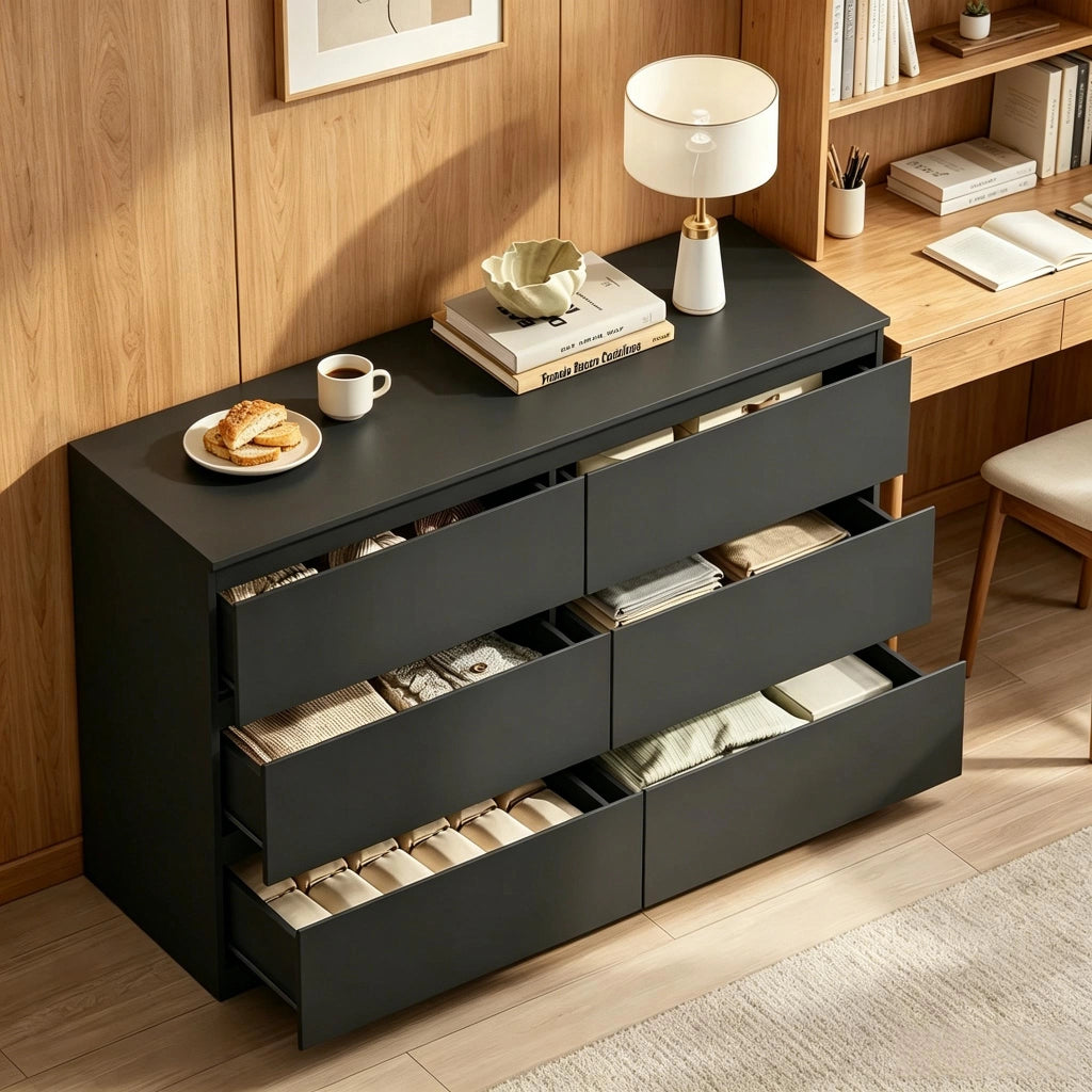 Credenza con 6 cassetti, per soggiorno e camera da letto, in legno ingegnerizzato, nero, 120 × 40 × 75 cm