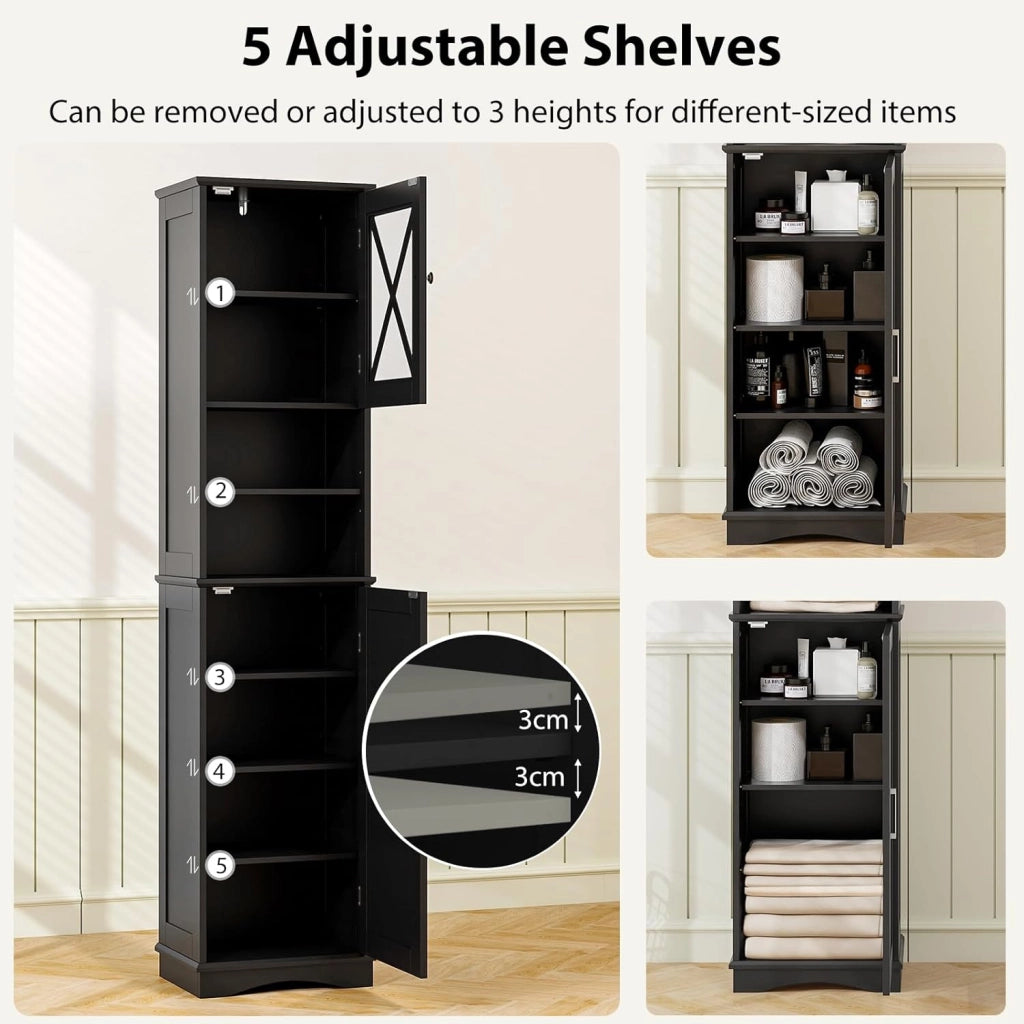 Armadietto da bagno sottile con 2 ante, ripiano regolabile e 2 scomparti aperti, mobile alto per bagno e soggiorno (nero, 40 x 30 x 170,5 cm)