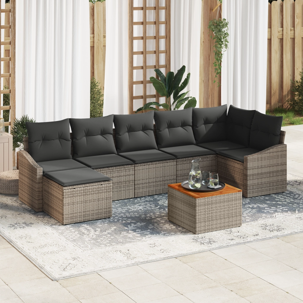 Set di divano da giardino in 8 pezzi con cuscini grigio polyrattan acacia